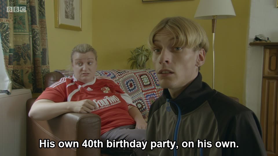 This Country S03E04 meme — “His own 40th birthday party, on his own.”